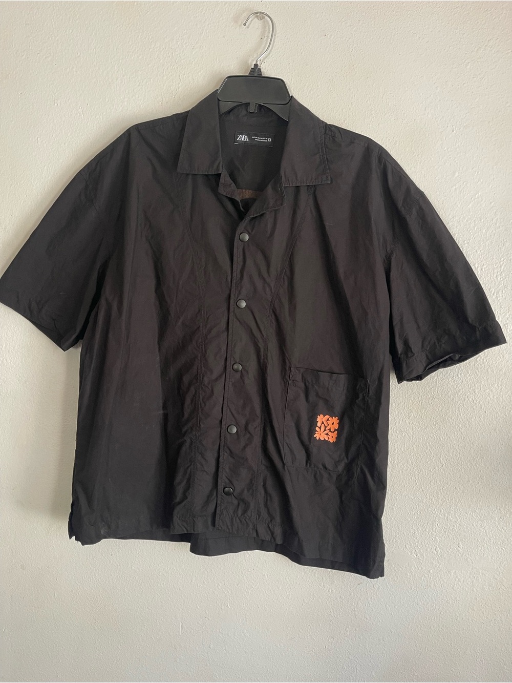 ZARA Black Short-Sleeve Button Shirt Jacket with Orange Patch